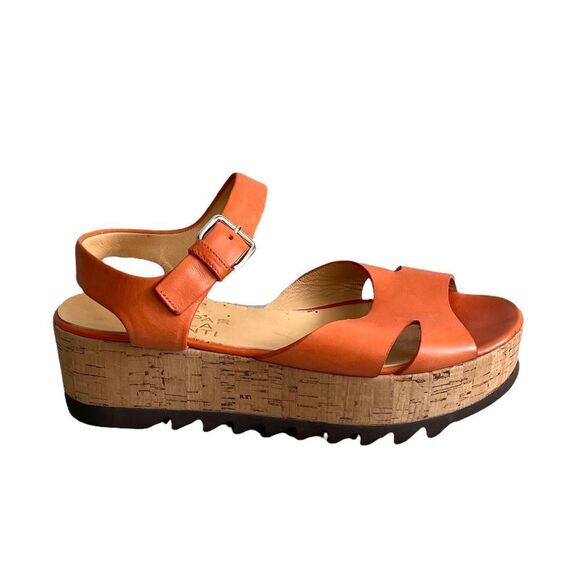 PARLANTI Italy Orange Tan Leather Platform Wedge Cork Sandals 8.5 - Picture 2 of 11